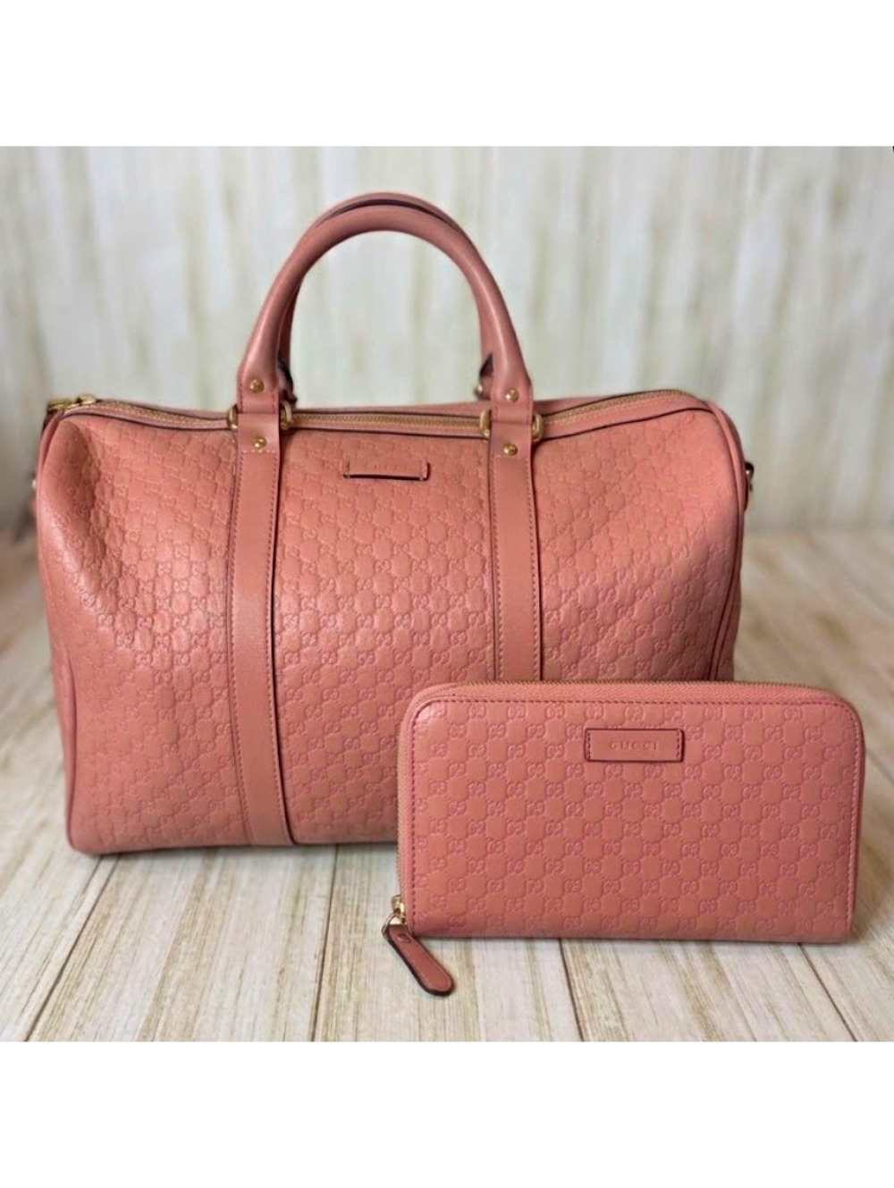 Authentic Gucci 2Piece Set: Microguccissima Pink Leather Boston Bag & Zip Wallet